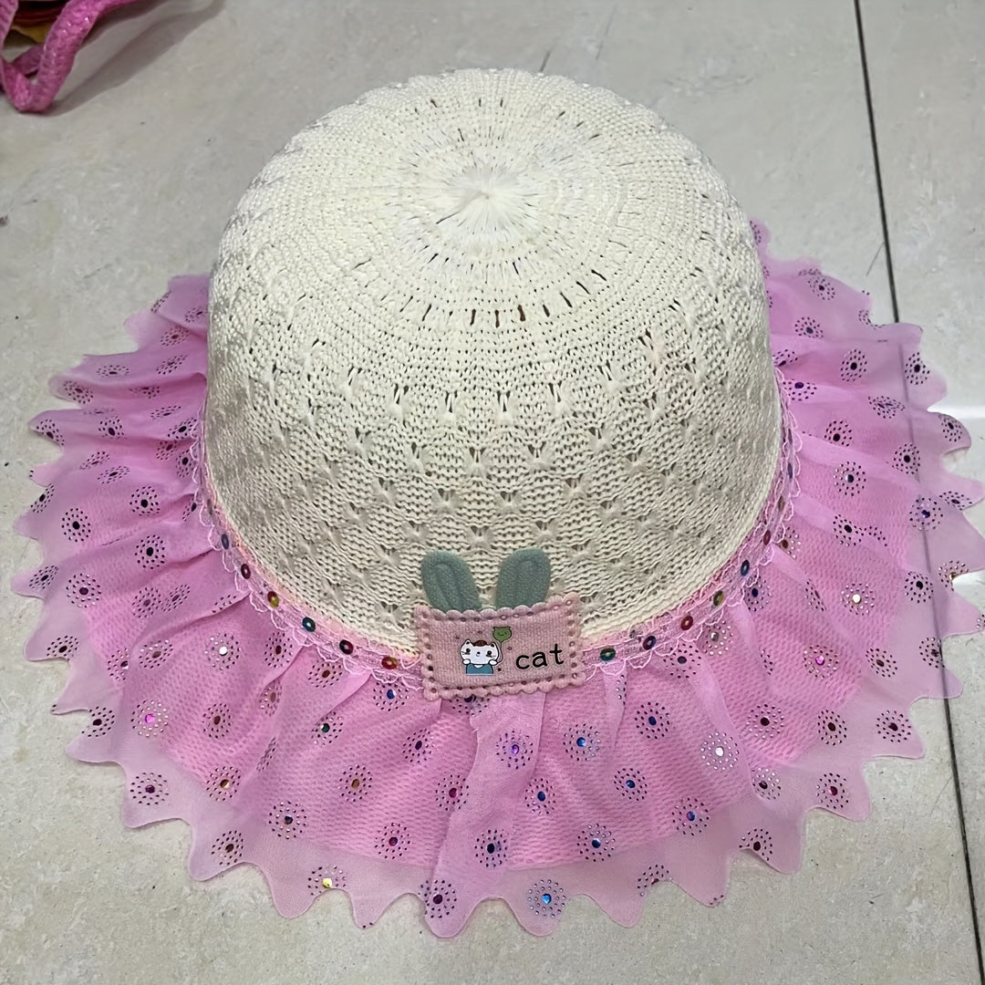 Kids Flower Lace Trim Sunscreen Straw Hat for Summer Beach