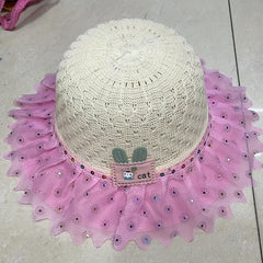 Kids Flower Lace Trim Sunscreen Straw Hat for Summer Beach