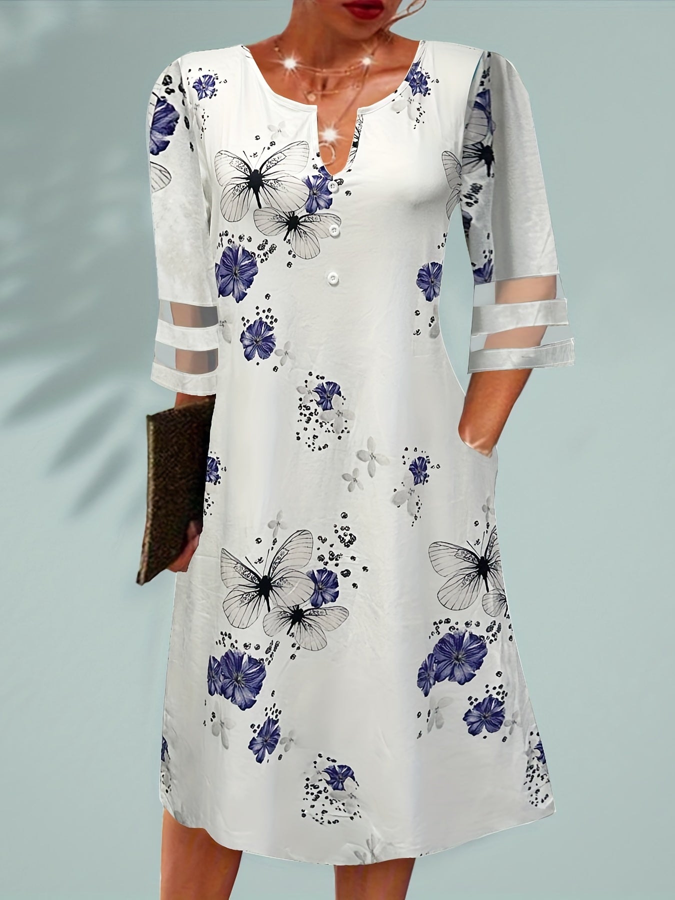 Floral & Butterfly Printed Casual Dress with Mesh Sleeves & Pockets