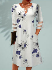 Floral & Butterfly Printed Casual Dress with Mesh Sleeves & Pockets