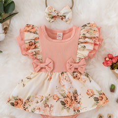 Newborn Infant Dress Splicing Romper Ruffle Flowers Print Short Sleeve Bodysuit