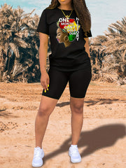 Girl & Letter Print Matching Two piece Set Short Sleeve T shirt & Biker Shorts