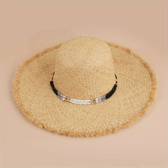 Frayed Brim Sun Hat with Shell Chain Decor - Summer Straw Hat