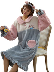 Thermal Colorblock Teddy Warm Pajamas Dress Women's Loungewear