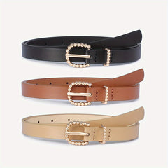 3pcs Set Golden Beaded Buckle Belt PU Leather Waist Belt for Women
