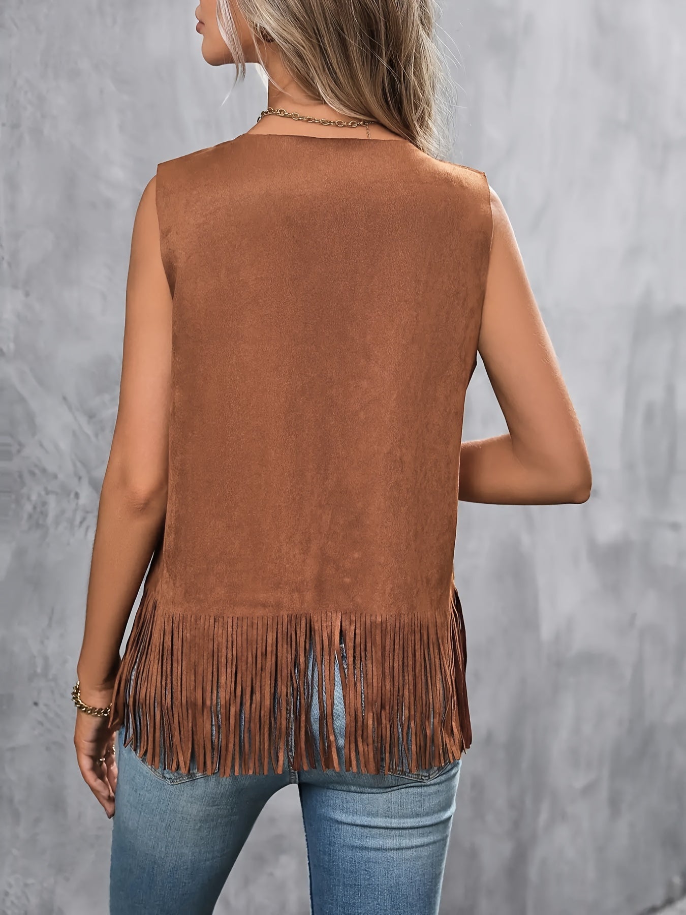 Casual Cardigan w/ Faux Pearl Decor Faux Suede Fringe Trim
