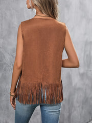 Casual Cardigan w/ Faux Pearl Decor Faux Suede Fringe Trim