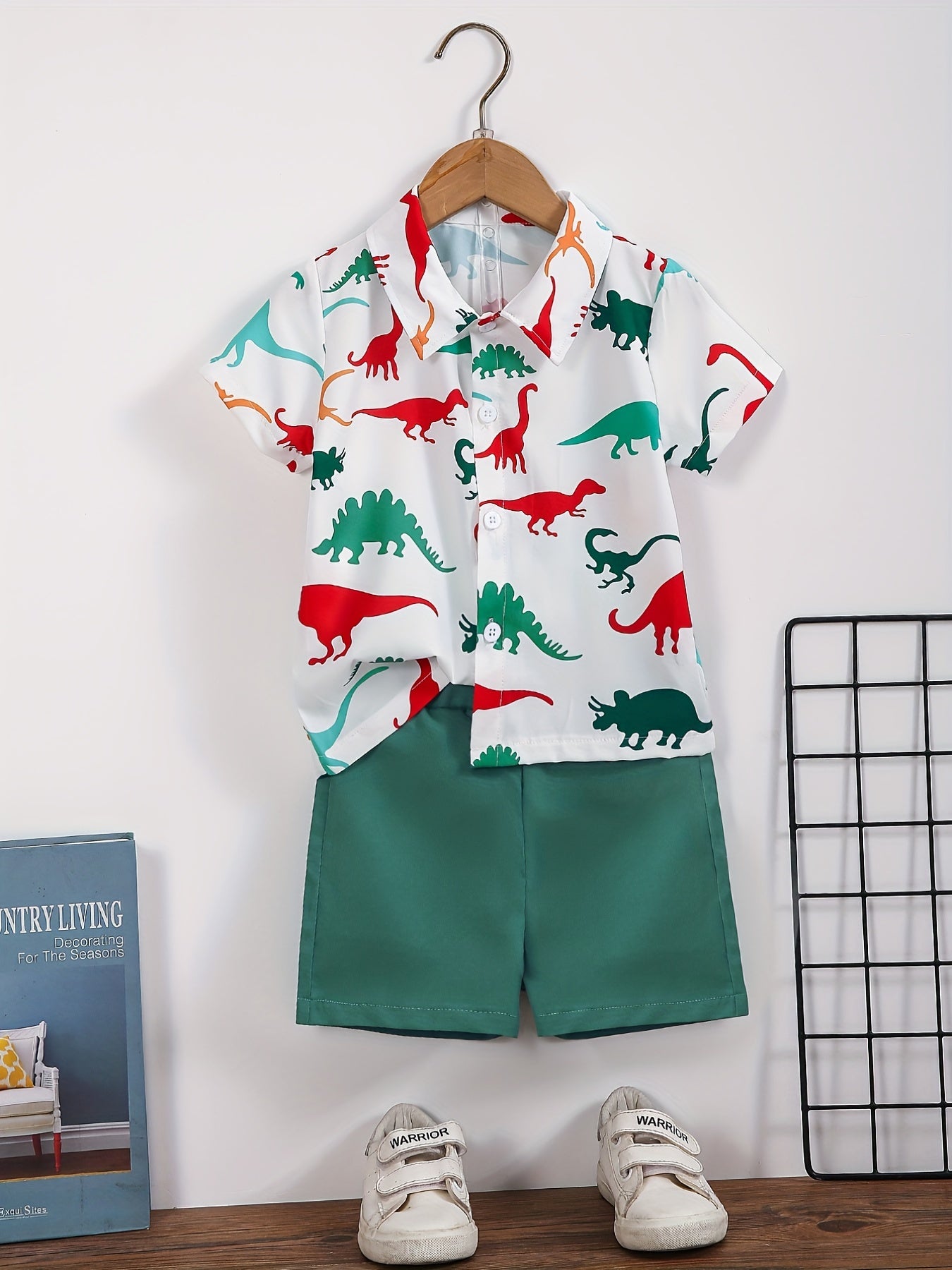 2pcs Boys Dinosaur Print Shirt & Shorts Set Kids Summer Clothes