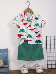 2pcs Boys Dinosaur Print Shirt & Shorts Set Kids Summer Clothes