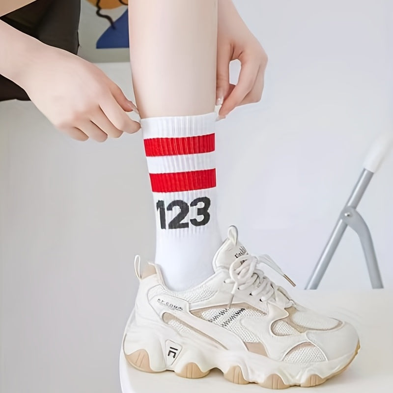 3 Pairs Letter Print Striped Socks Comfy & Breathable Street Sports Socks