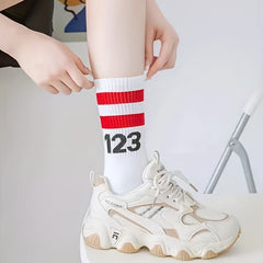 3 Pairs Letter Print Striped Socks Comfy & Breathable Street Sports Socks