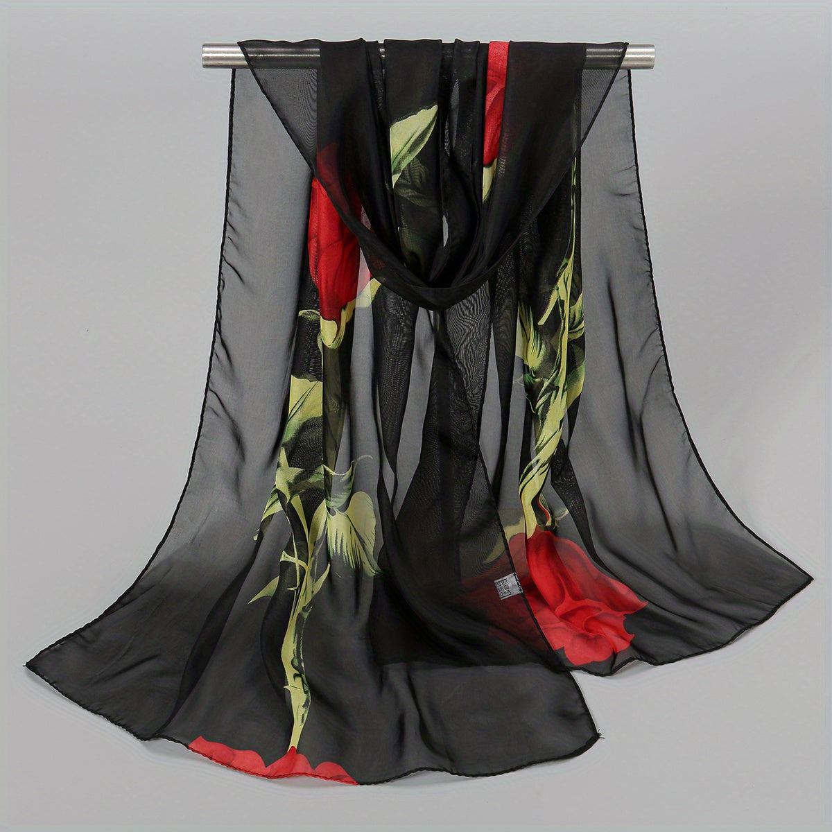 Rose & Floral Chiffon Scarf Lightweight Silk Neck Vintage Wrap