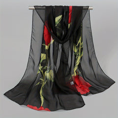 Rose & Floral Chiffon Scarf Lightweight Silk Neck Vintage Wrap