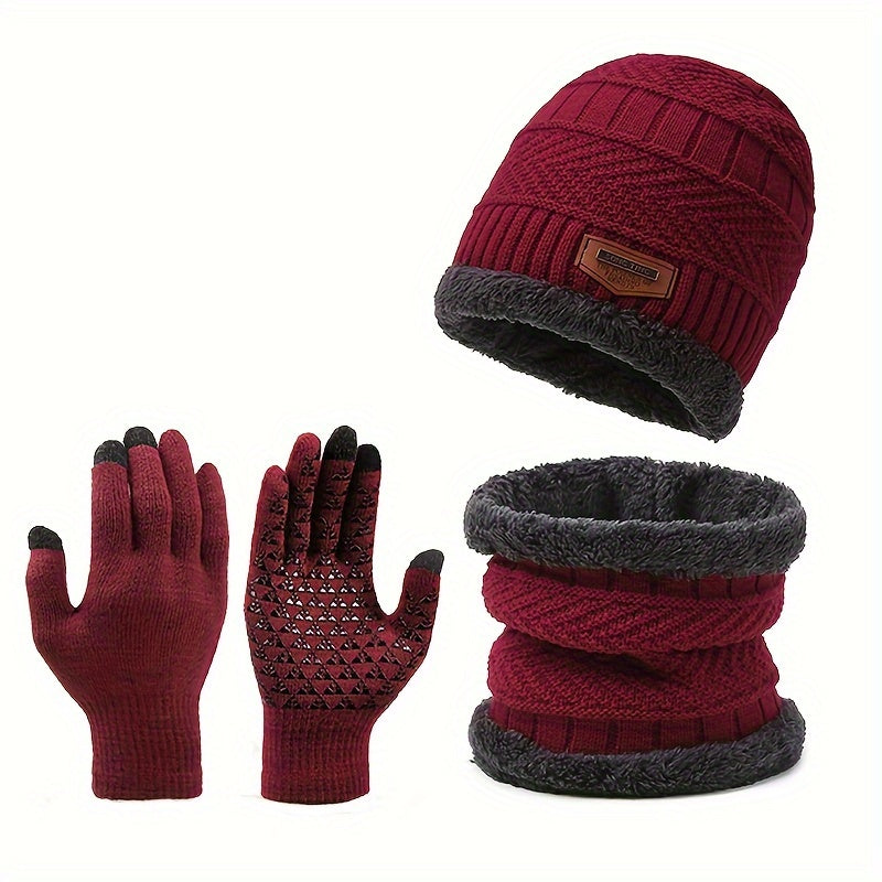 3pcs Winter Knitted Beanie Hat Neck Warmer Gloves Set