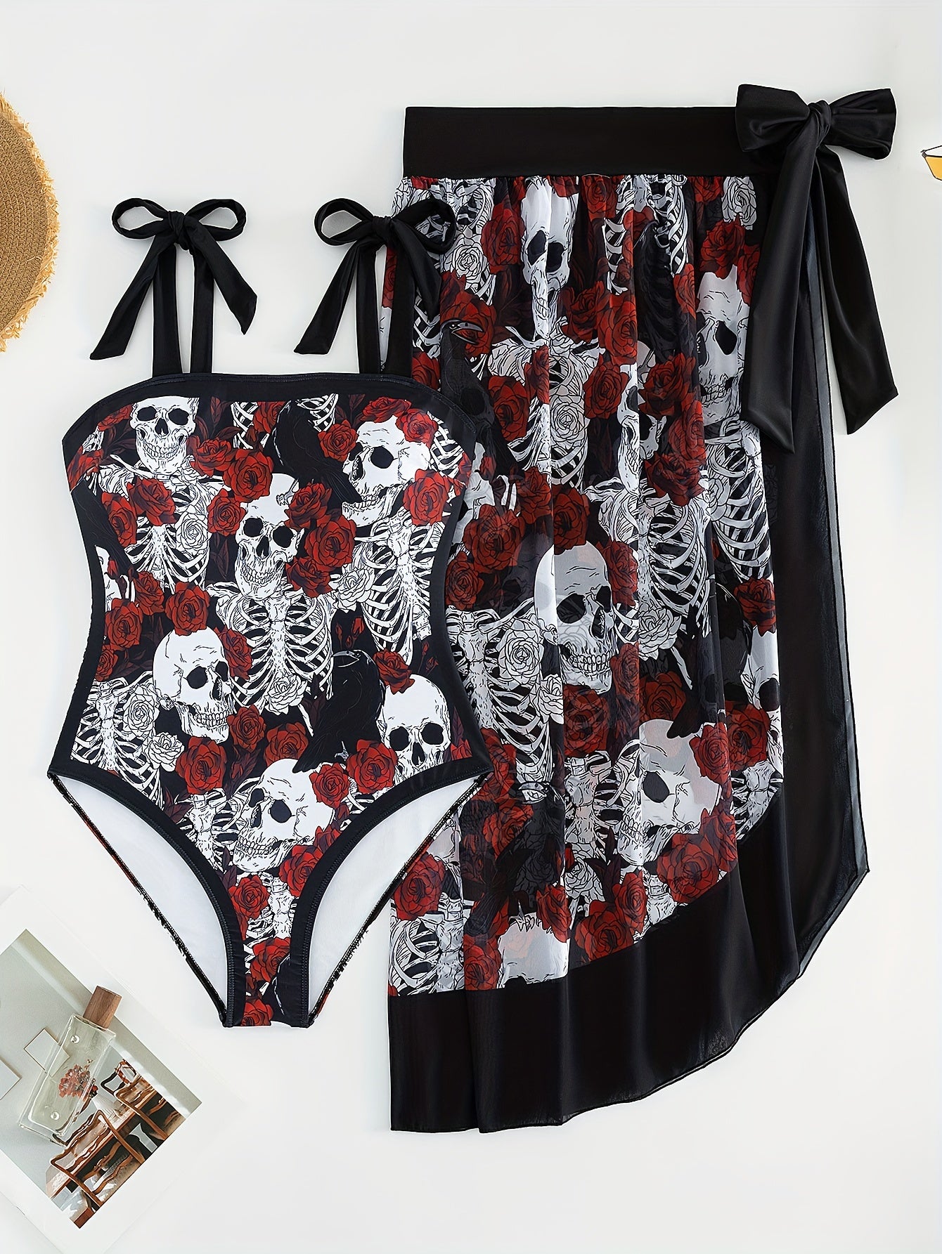 Halloween Gothic Tankini Set Women's Plus Rose Skull Print