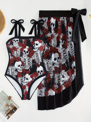 Halloween Gothic Tankini Set Women's Plus Rose Skull Print