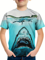 3D Shark & Dino Print Kids Graphic T Shirt Short Sleeve Tee for Boys & Girls