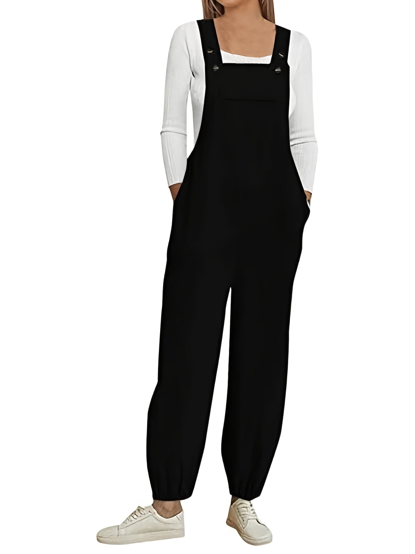 Button Solid Patched Pocket Overall Jumpsuit Women's Clothing