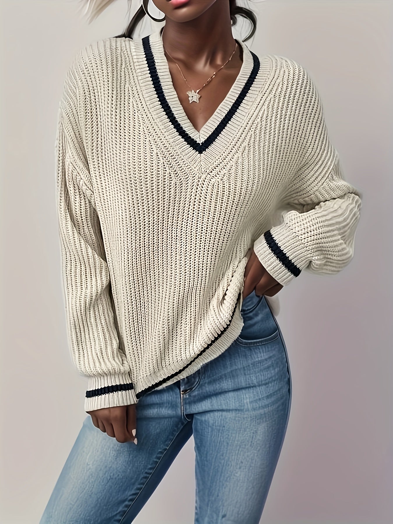 Striped Trim Knit Sweater V Neck Long Sleeve