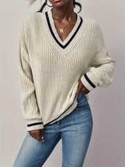 Striped Trim Knit Sweater V Neck Long Sleeve