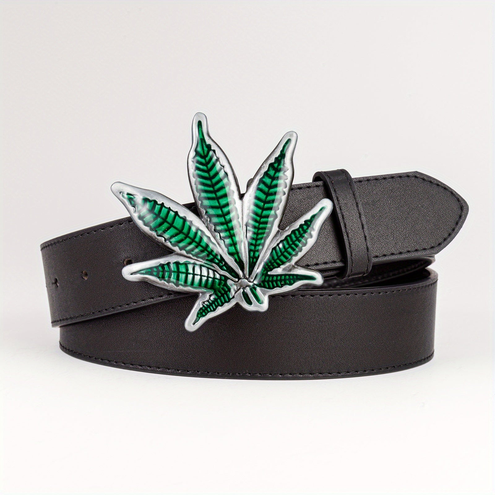 Men's Green Maple Leaf Buckle PU Leather Belt Casual Waist Belt