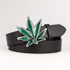 Men's Green Maple Leaf Buckle PU Leather Belt Casual Waist Belt