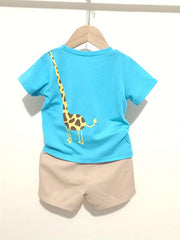 Toddler Boy's Cartoon Giraffe Pattern 2pcs T shirt & Cargo Shorts Set Outfits
