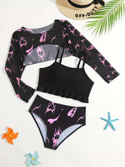 3pcs Girls Fire Heart Bikini Sets Long Sleeve Top Ruffle Trim Briefs