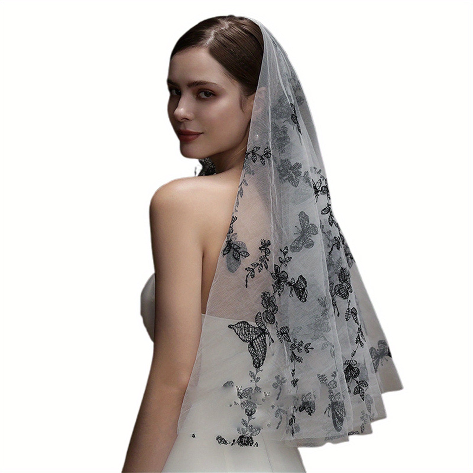 Gothic Butterfly Tulle Bridal Veil with Sheer Train