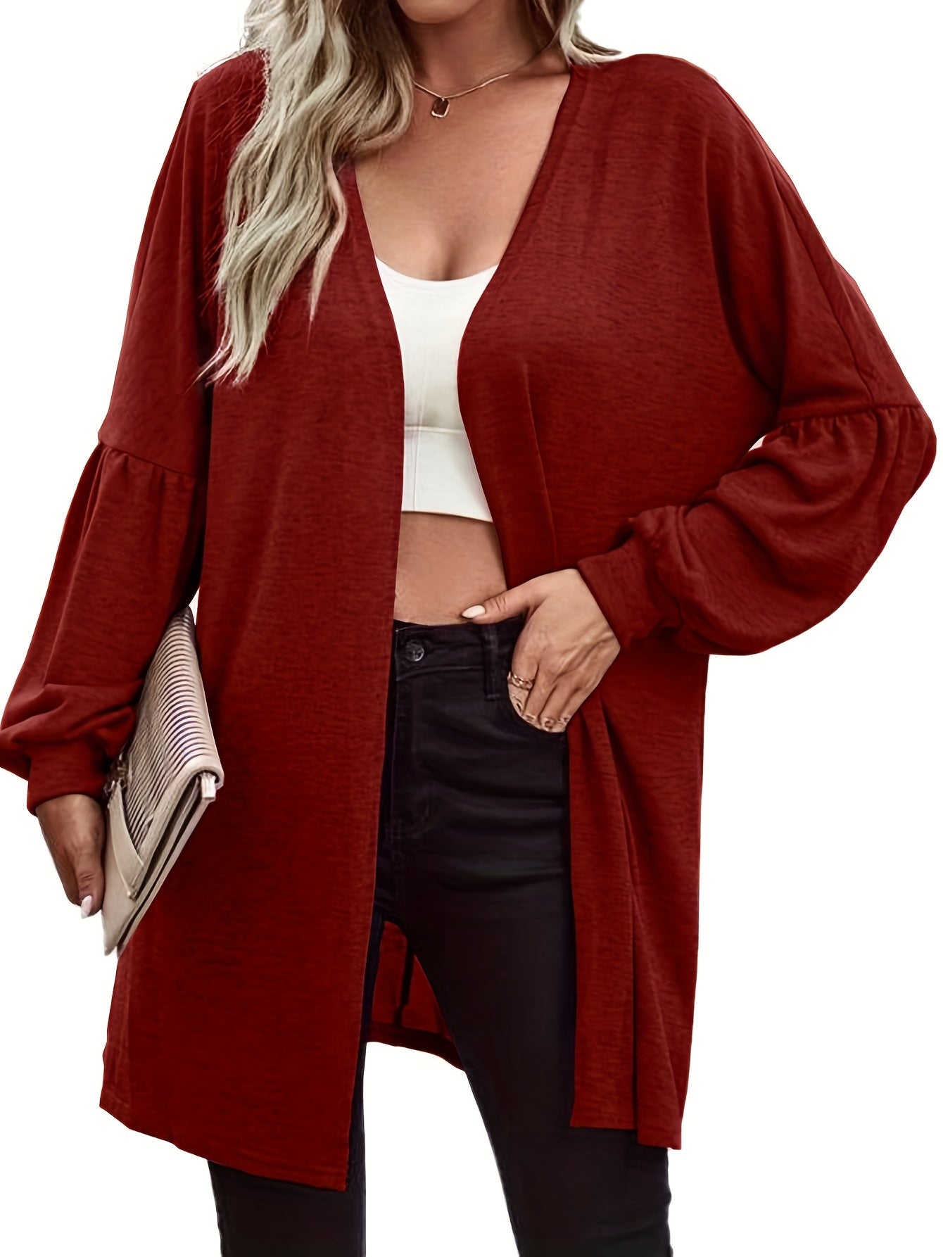 Solid Lantern Sleeve Open Front Cardigan