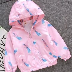 Kids Feather Print Hooded Jacket Coat with Pocket