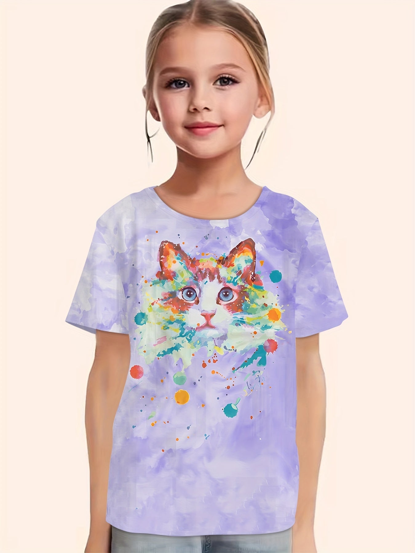 Tie Dye Cat Graphic Short Sleeve T shirt For Girls