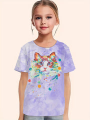 Tie Dye Cat Graphic Short Sleeve T shirt For Girls