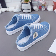 Women's Letter Patched Mules Sneakers Lace Up Raw Trim Canvas Shoes