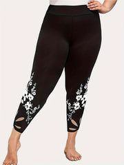 Sports Leggings Women's Plus Floral Print Cut Out Elastic High Waisted