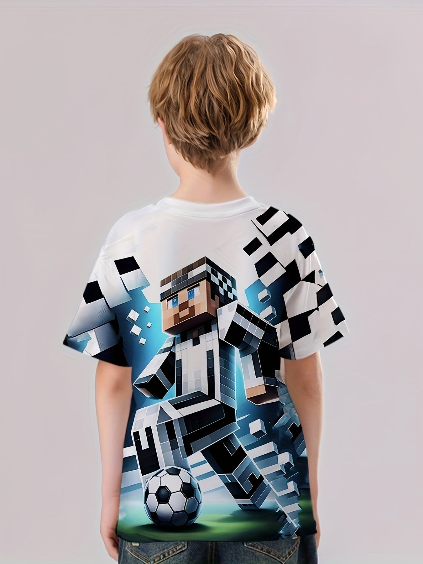 Pixel Football Player T-Shirt Boys Short Sleeve Top Summer Kids Outgoing Clothes