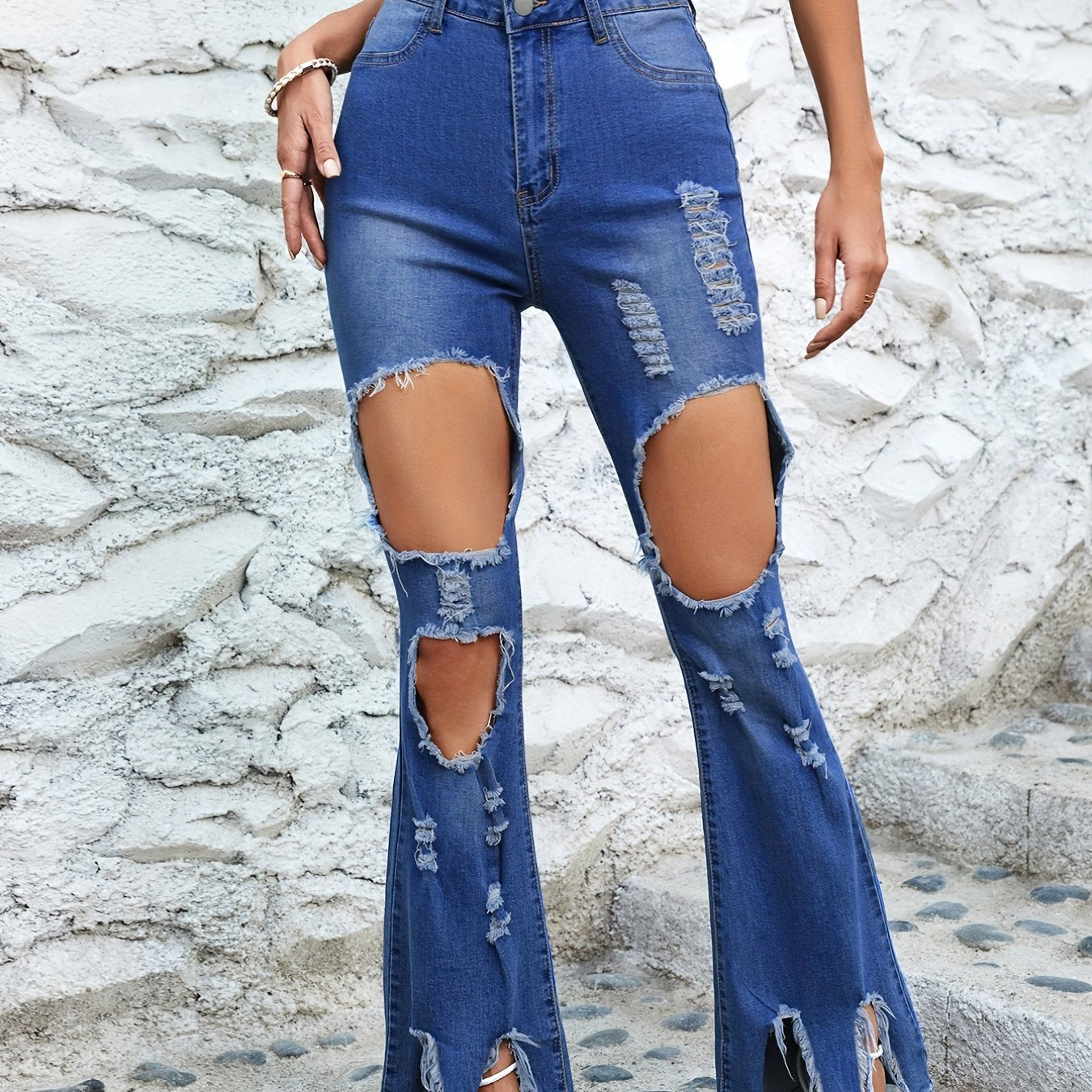 Distressed Flared Jeans Slash Pockets Wide Legs