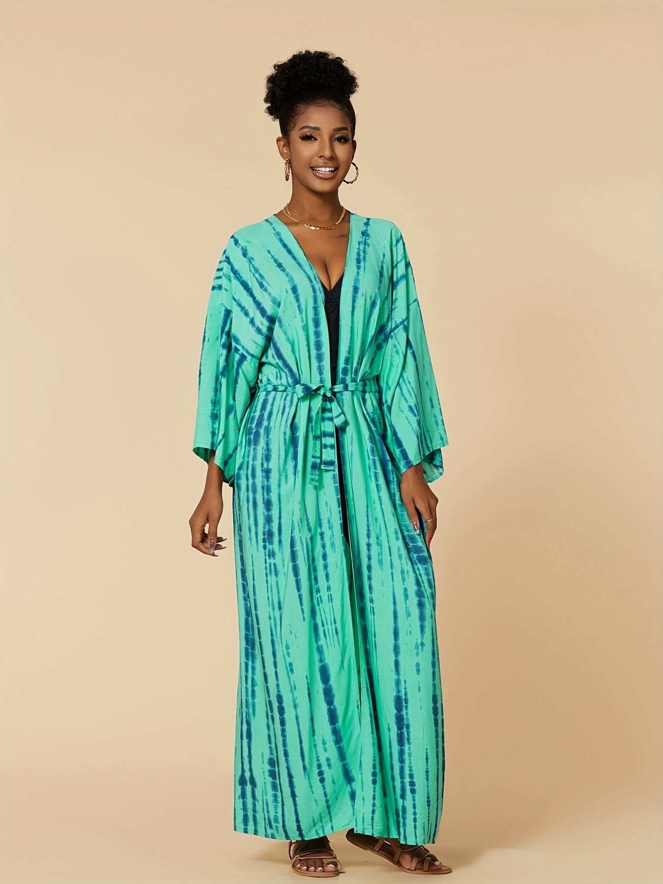 Boho Plus Tie Dye Striped Belted Cover Up