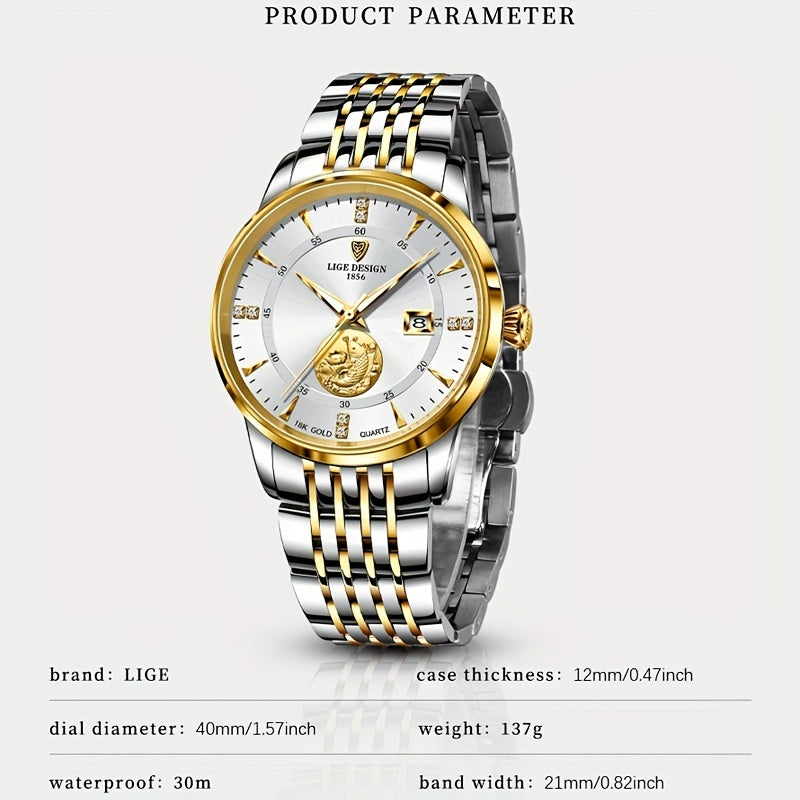 LIGE Business Men Watches Stainless Steel Waterproof Quartz Wristwatch