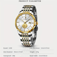 LIGE Business Men Watches Stainless Steel Waterproof Quartz Wristwatch