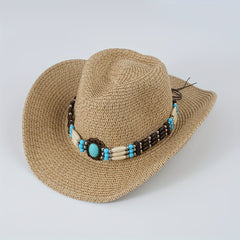 Turquoise Chain Decor Cowboy Hat Khaki Western Straw Cowgirl Hats