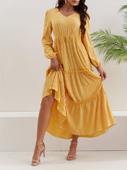 Textured Shirred Waist Dress Long Sleeve Maxi Dress