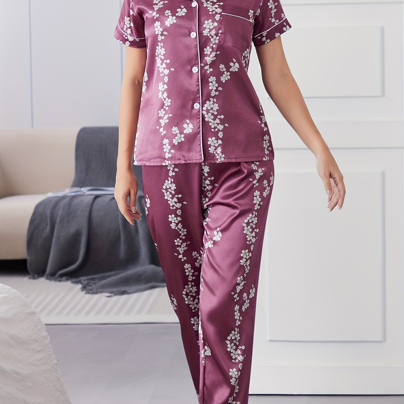Floral Pajama Set Short Sleeve Top & Elastic Waist Pants