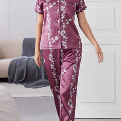 Floral Pajama Set Short Sleeve Top & Elastic Waist Pants