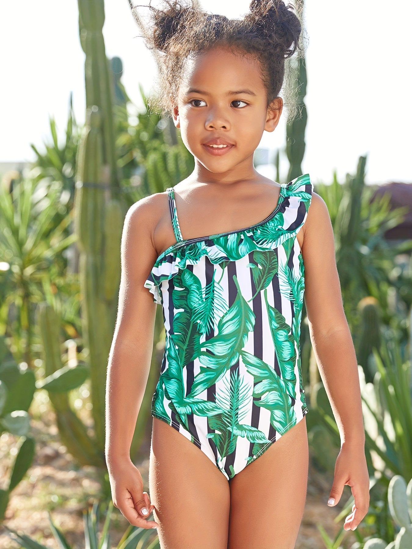 Girls Leaf Stripes One piece Swimsuit Ruffle Trim Beach Clothes