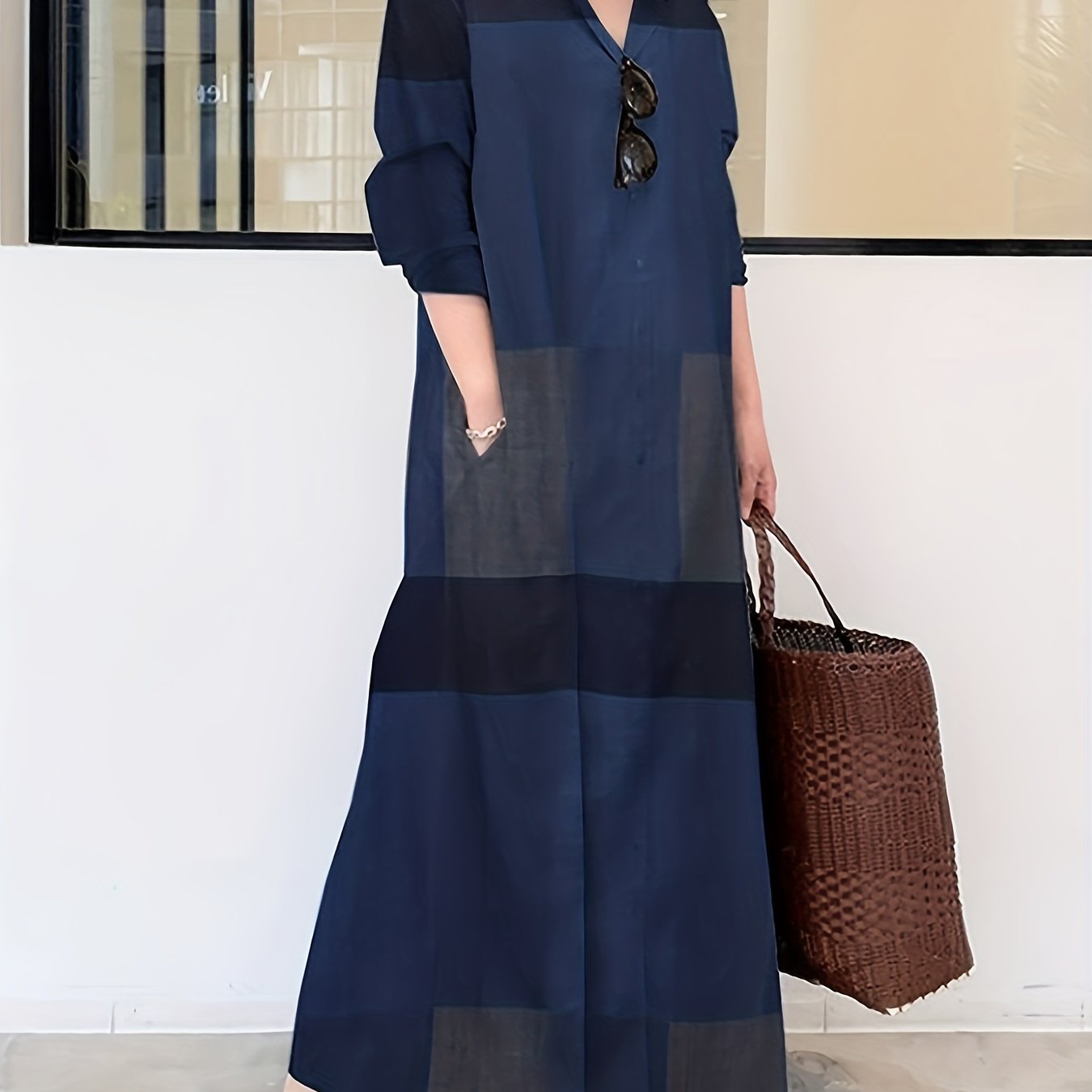 Colorblock Button Up Long Sleeve Maxi Shirt Dress