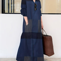 Colorblock Button Up Long Sleeve Maxi Shirt Dress