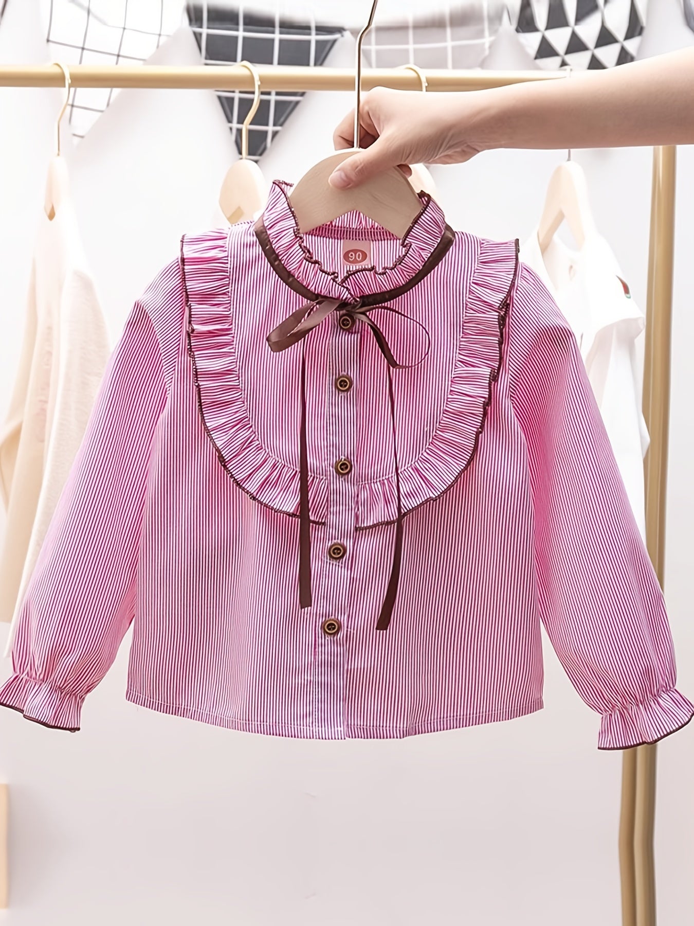 Girls Striped Preppy Shirt Button Down Bow Blouse
