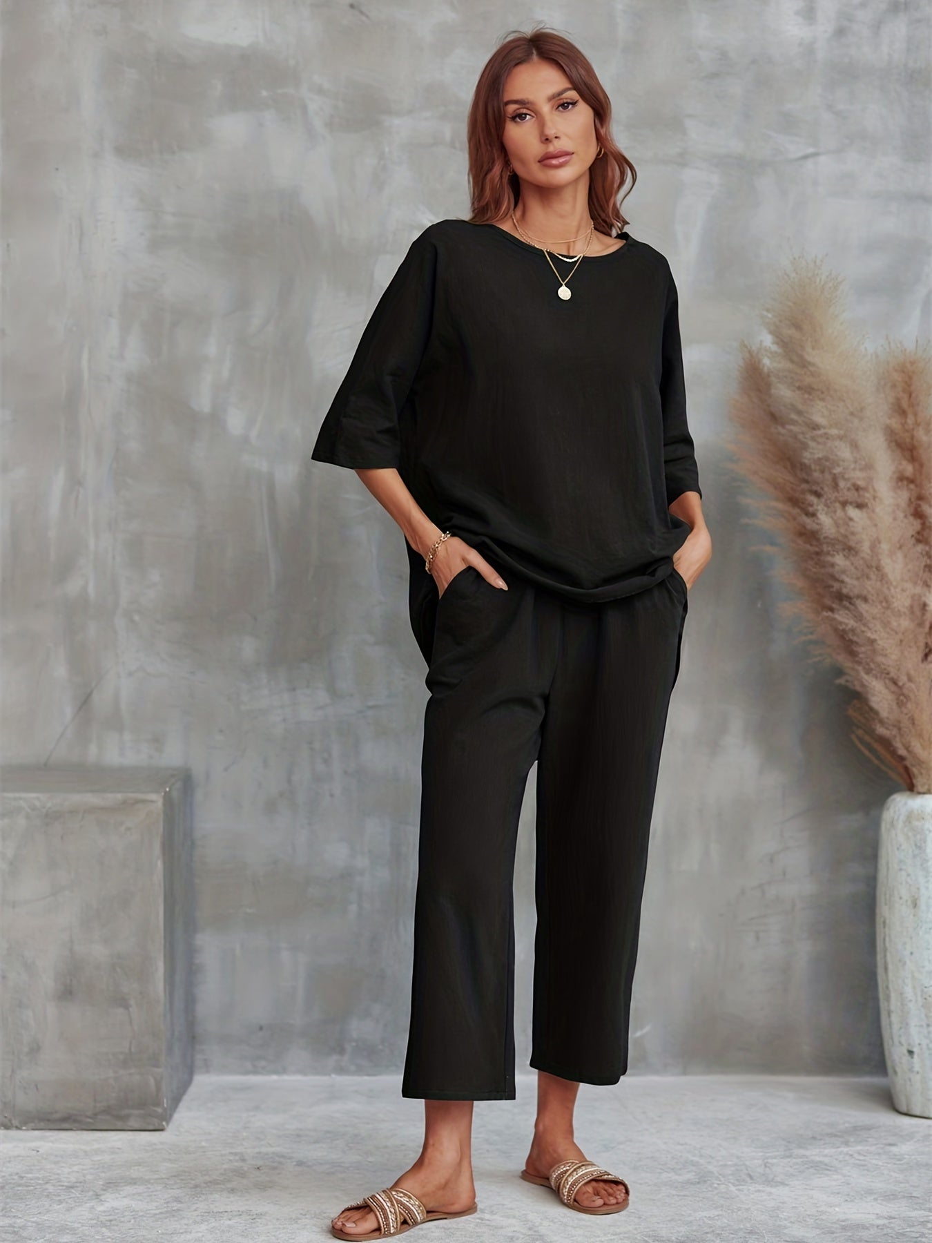 Casual Two piece Set Crew Neck 3 4 Sleeve Tops & Wide Leg Cropped Pants