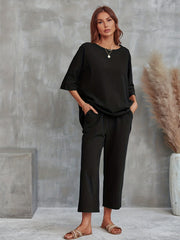 Casual Two piece Set Crew Neck 3 4 Sleeve Tops & Wide Leg Cropped Pants